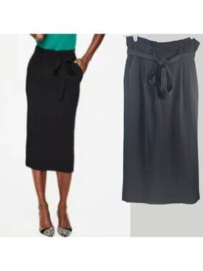 Boden Midi Pencil Skirt 6 Black Minimalist Preppy Career Belted Pleated Straight